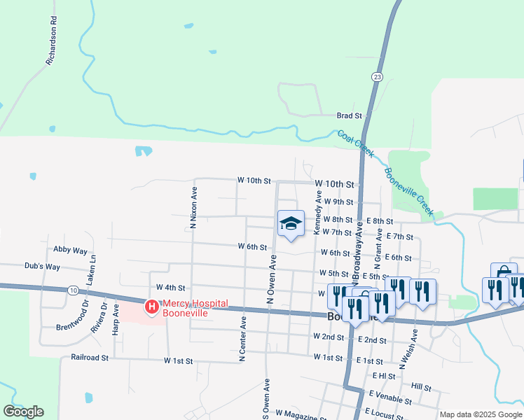 map of restaurants, bars, coffee shops, grocery stores, and more near 751 North Owen Avenue in Booneville