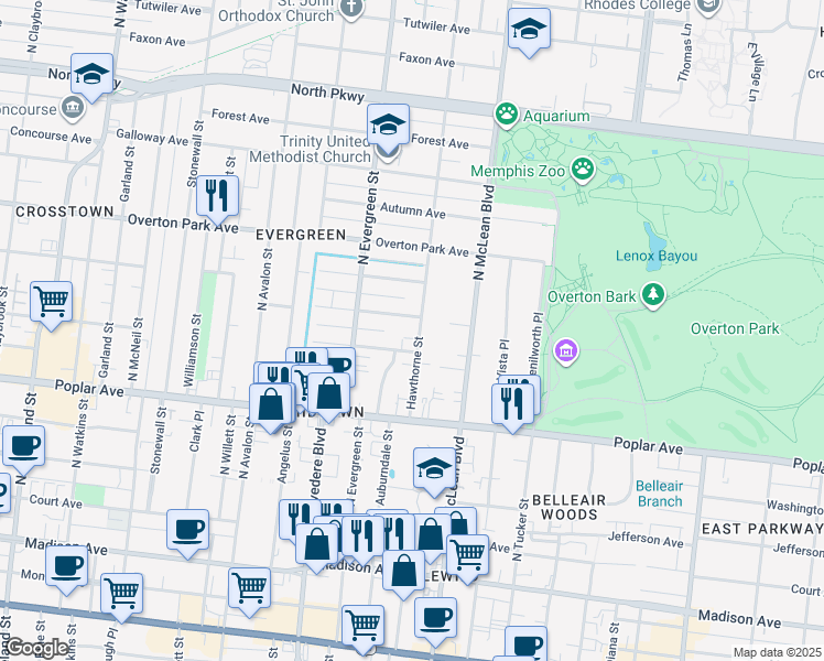map of restaurants, bars, coffee shops, grocery stores, and more near 1756 Lawrence Avenue in Memphis