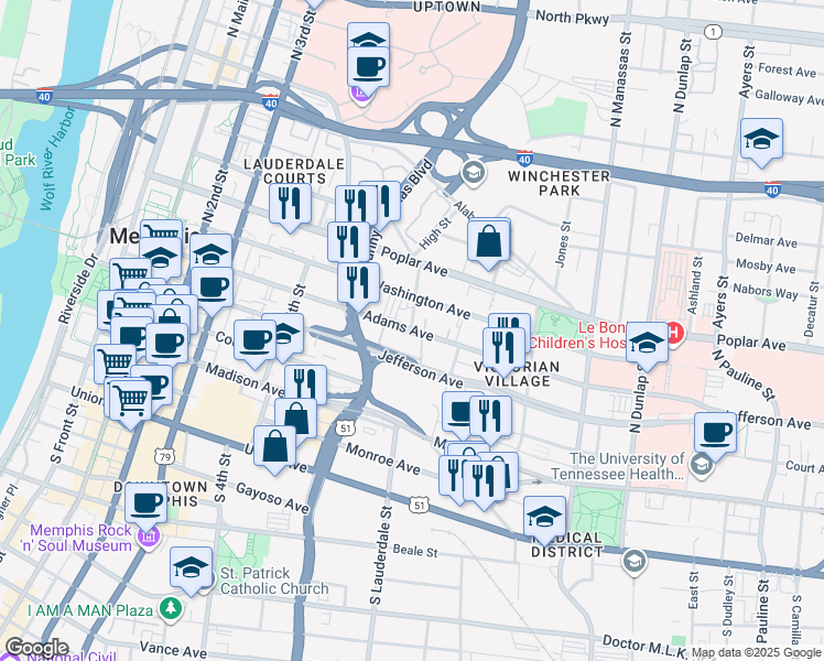 map of restaurants, bars, coffee shops, grocery stores, and more near Adams Avenue in Memphis