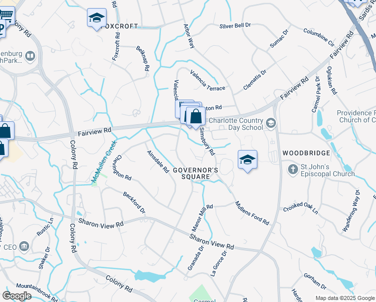 map of restaurants, bars, coffee shops, grocery stores, and more near 2526 Valencia Terrace in Charlotte