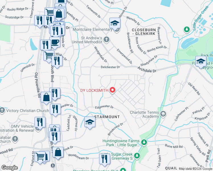 map of restaurants, bars, coffee shops, grocery stores, and more near 4784 Mount Royal Lane in Charlotte