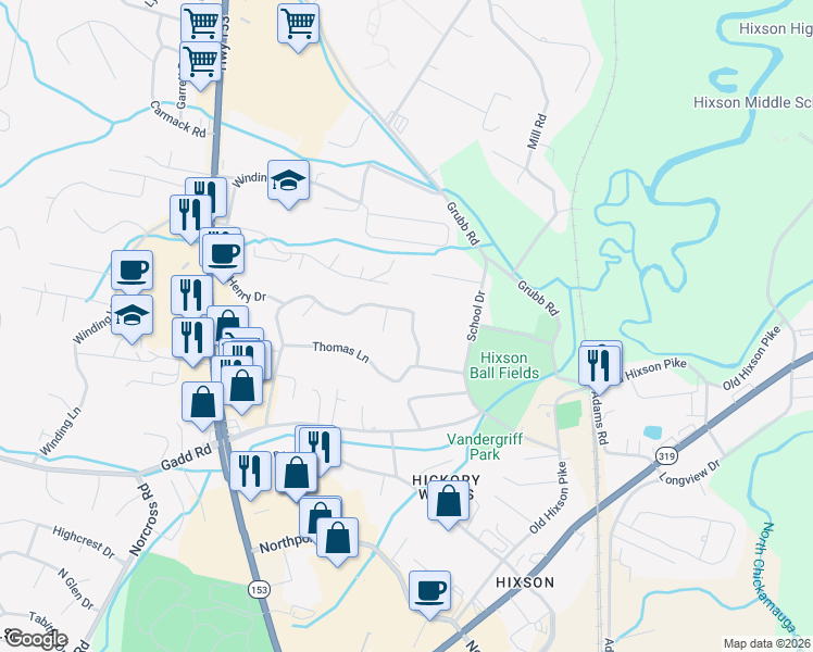 map of restaurants, bars, coffee shops, grocery stores, and more near 1262 Northern Hills Road in Chattanooga