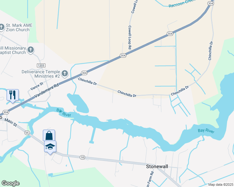 map of restaurants, bars, coffee shops, grocery stores, and more near 206 Chinchilla Drive in Bayboro