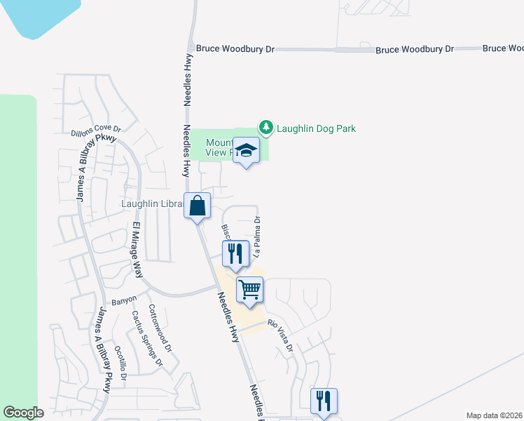 map of restaurants, bars, coffee shops, grocery stores, and more near 2822 La Palma Drive in Laughlin