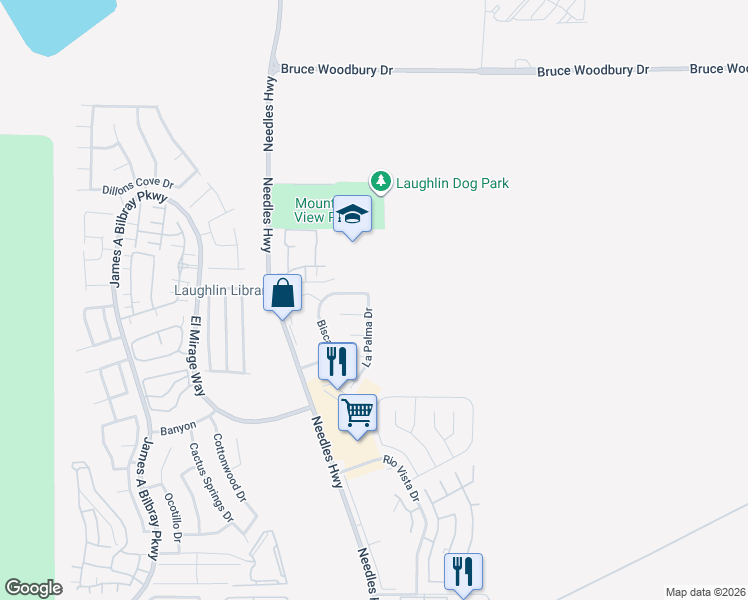 map of restaurants, bars, coffee shops, grocery stores, and more near 2822 La Palma Drive in Laughlin