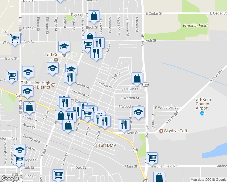 map of restaurants, bars, coffee shops, grocery stores, and more near 203 Calvin Street in Taft