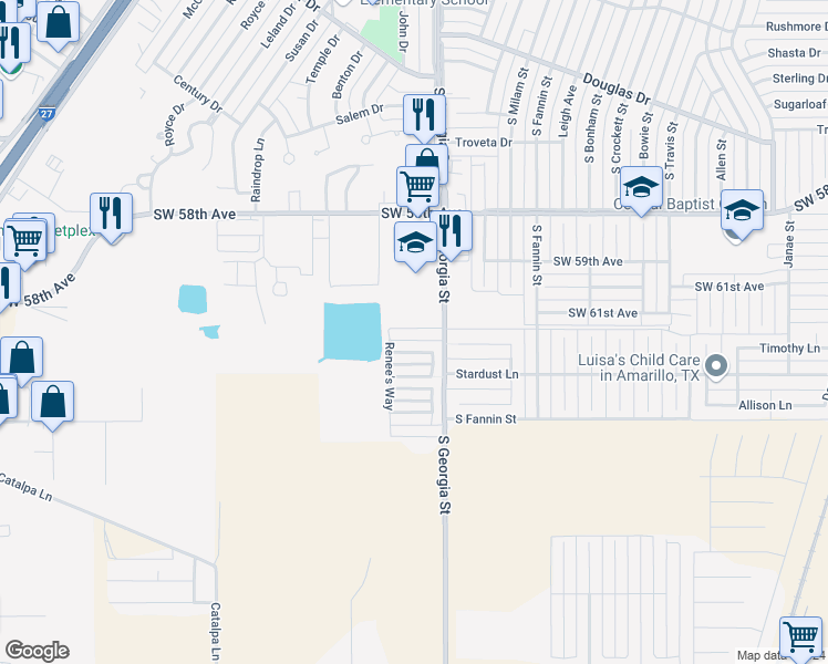 map of restaurants, bars, coffee shops, grocery stores, and more near 2813 Steve's Way in Amarillo
