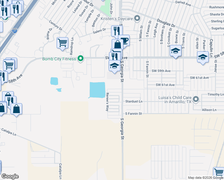 map of restaurants, bars, coffee shops, grocery stores, and more near 2813 Steve's Way in Amarillo