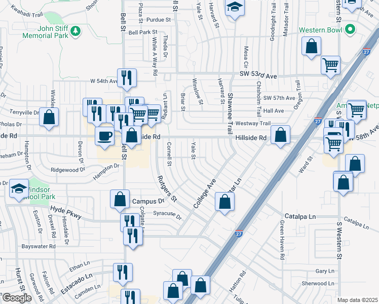 map of restaurants, bars, coffee shops, grocery stores, and more near 6100 Yale Street in Amarillo