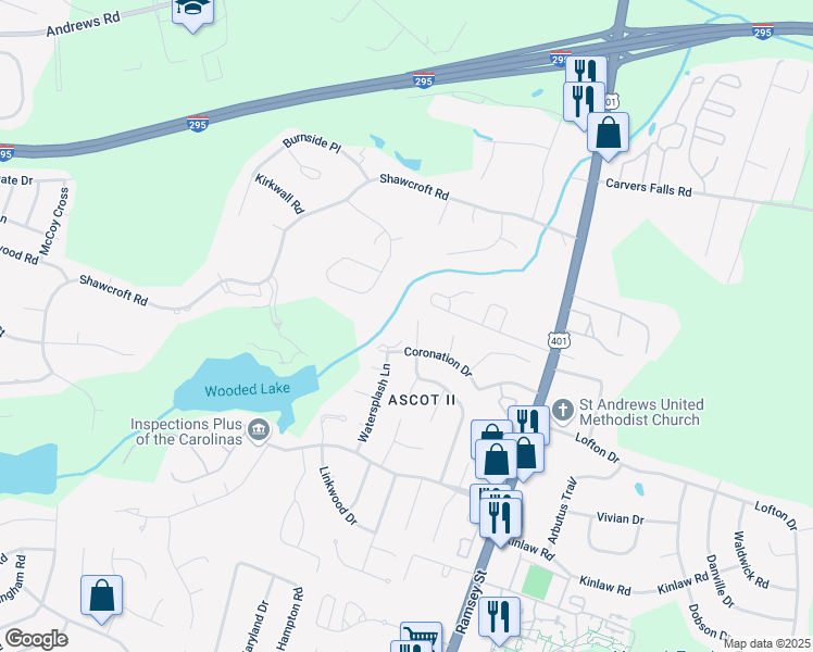map of restaurants, bars, coffee shops, grocery stores, and more near 501 Coronation Drive in Fayetteville