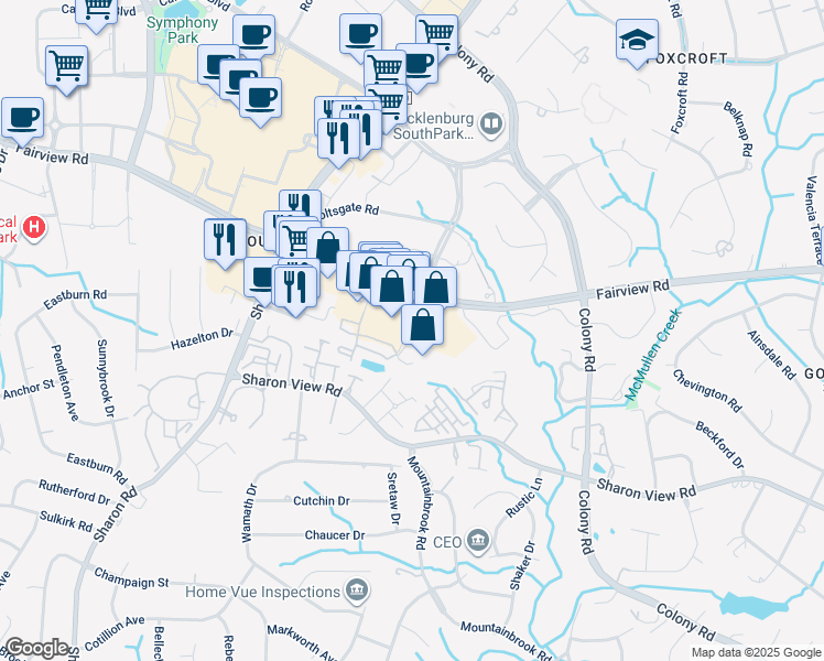 map of restaurants, bars, coffee shops, grocery stores, and more near 4835 Cameron Valley Parkway in Charlotte