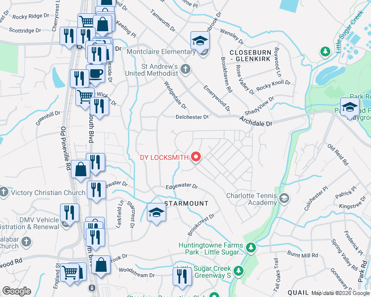map of restaurants, bars, coffee shops, grocery stores, and more near 4784 Mount Royal Lane in Charlotte