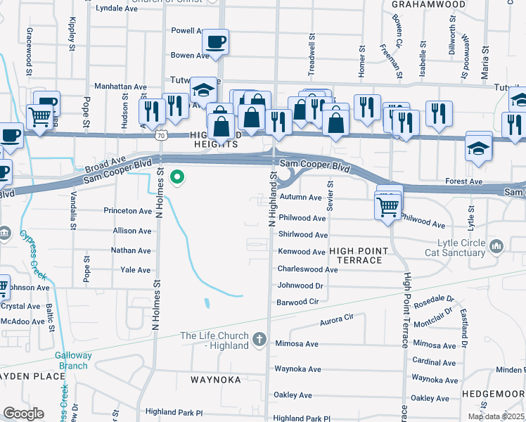 map of restaurants, bars, coffee shops, grocery stores, and more near 476 North Highland Street in Memphis