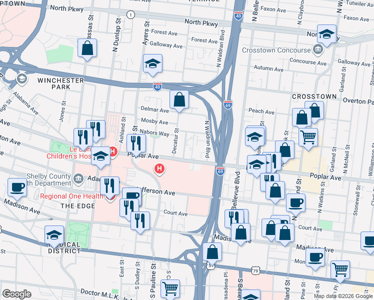map of restaurants, bars, coffee shops, grocery stores, and more near in Memphis