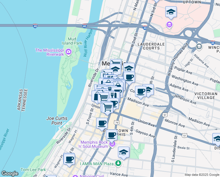 map of restaurants, bars, coffee shops, grocery stores, and more near 83 Madison Avenue in Memphis