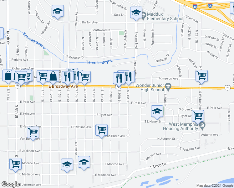 map of restaurants, bars, coffee shops, grocery stores, and more near 127 South 20th Street in West Memphis