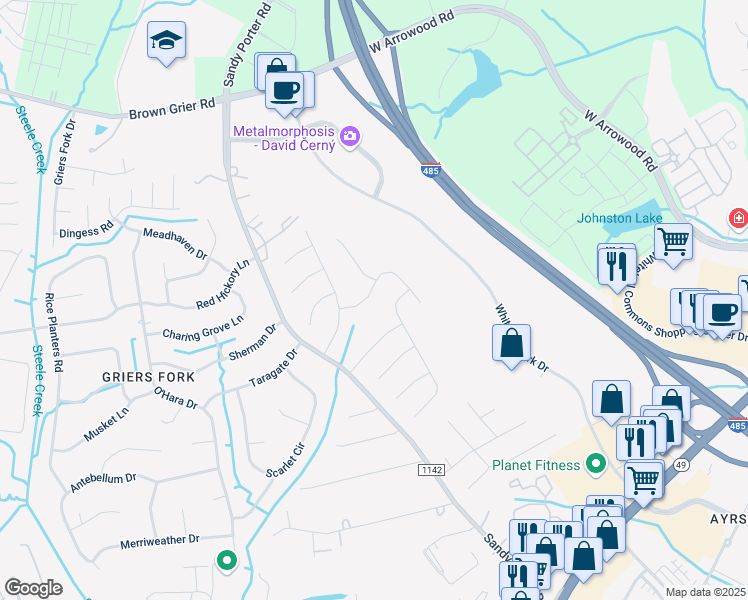 map of restaurants, bars, coffee shops, grocery stores, and more near 3117 Morning Mist Lane in Charlotte