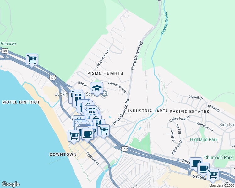 map of restaurants, bars, coffee shops, grocery stores, and more near 680 Wadsworth Street in Pismo Beach
