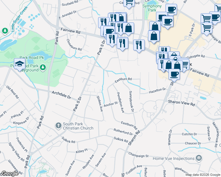 map of restaurants, bars, coffee shops, grocery stores, and more near 3101 Eastburn Road in Charlotte