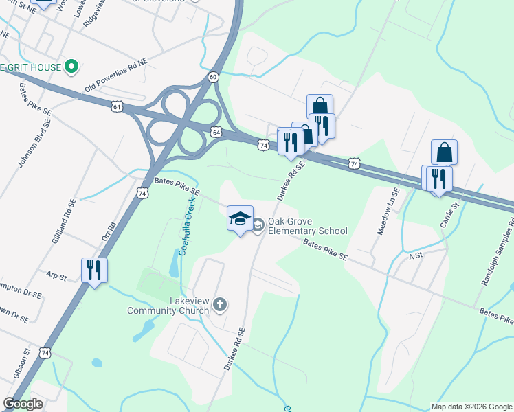map of restaurants, bars, coffee shops, grocery stores, and more near 2885 Bates Pike Southeast in Cleveland