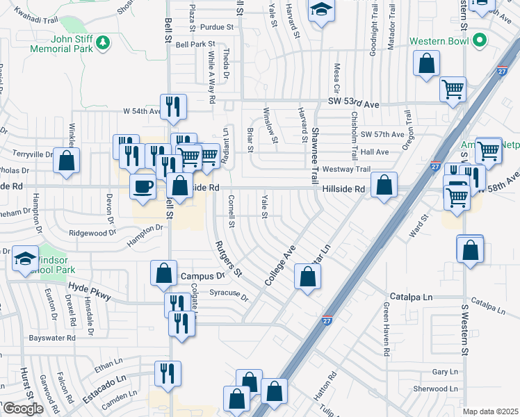 map of restaurants, bars, coffee shops, grocery stores, and more near 6100 Yale Street in Amarillo
