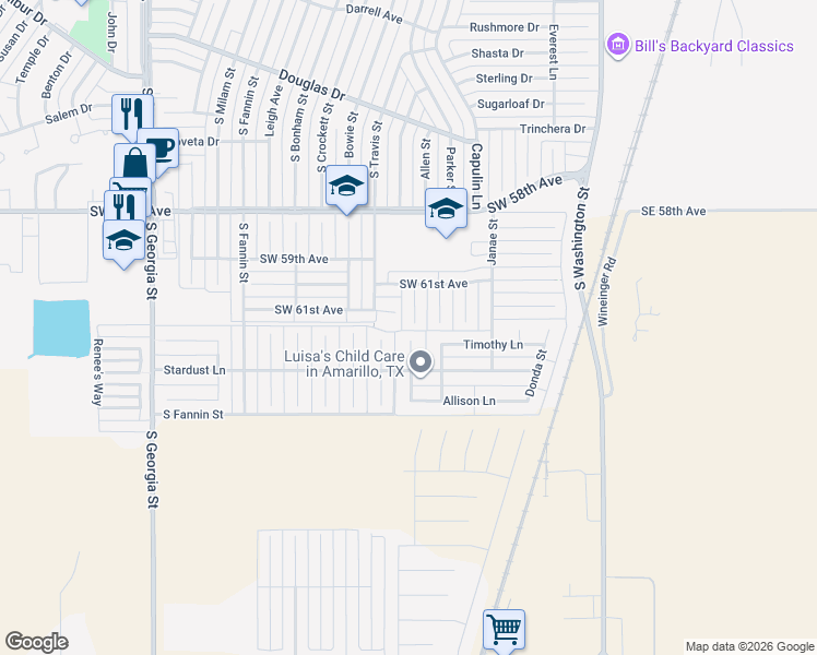 map of restaurants, bars, coffee shops, grocery stores, and more near 6204 Colton Street in Amarillo