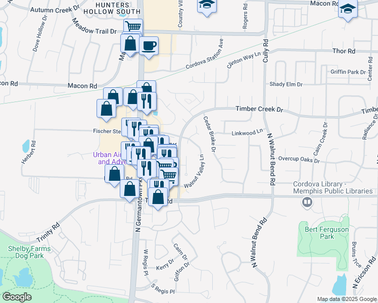 map of restaurants, bars, coffee shops, grocery stores, and more near 746 Walnut Woods Cove North in Memphis