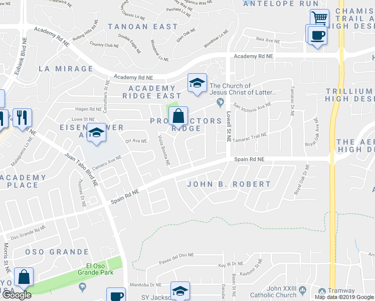 map of restaurants, bars, coffee shops, grocery stores, and more near 5799 Nugget Court Northeast in Albuquerque