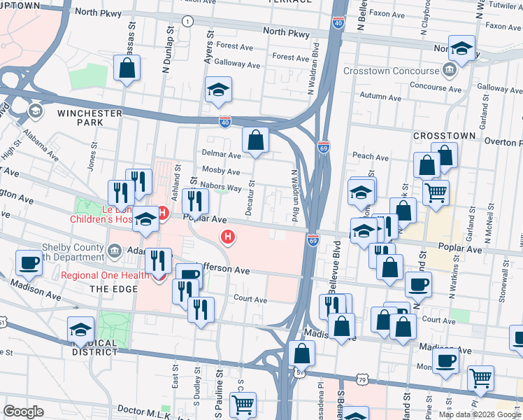 map of restaurants, bars, coffee shops, grocery stores, and more near in Memphis
