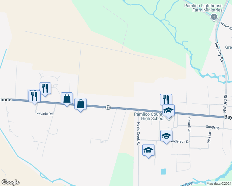 map of restaurants, bars, coffee shops, grocery stores, and more near 14091 North Carolina 55 in Alliance