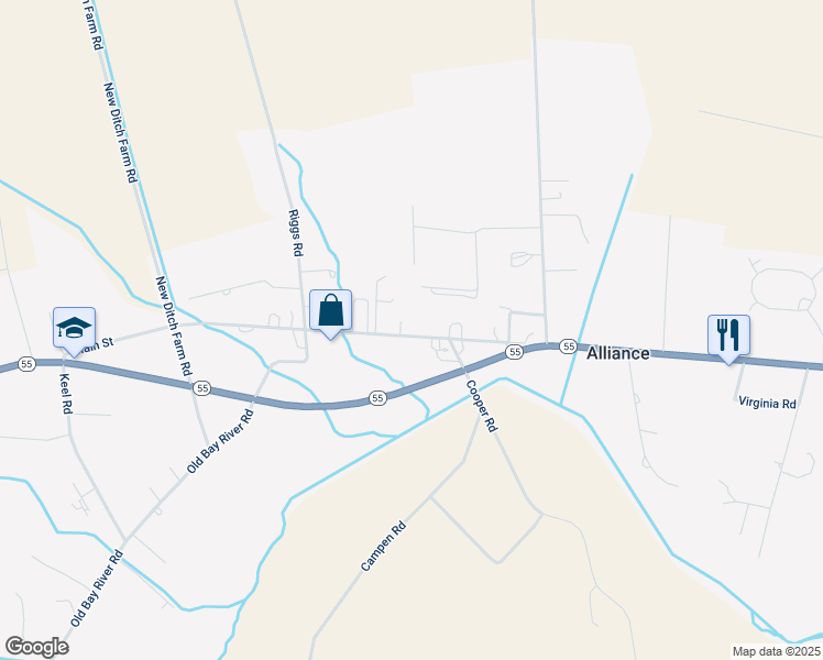 map of restaurants, bars, coffee shops, grocery stores, and more near 825 Main Street in Bayboro