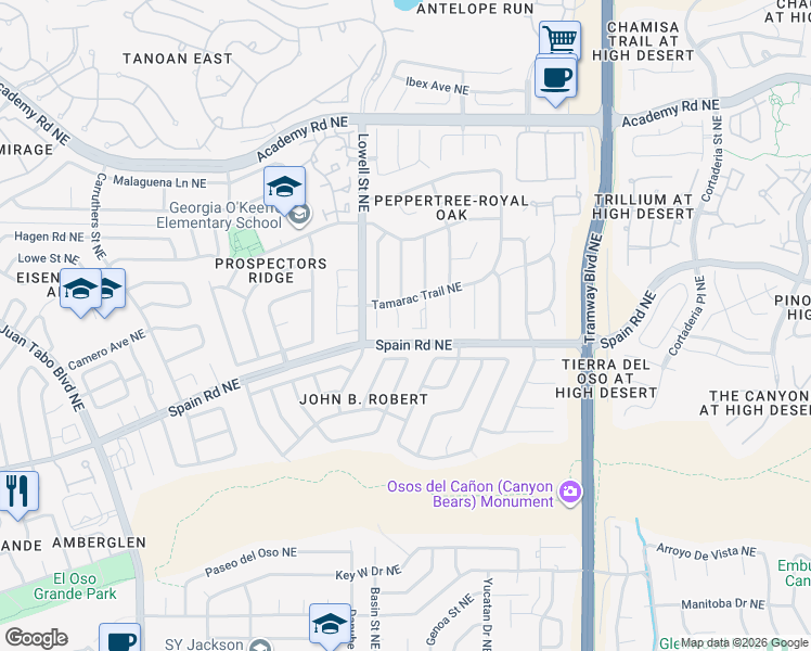map of restaurants, bars, coffee shops, grocery stores, and more near 5701 Peppertree Place Northeast in Albuquerque