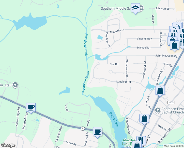 map of restaurants, bars, coffee shops, grocery stores, and more near 768 Sun Road in Aberdeen