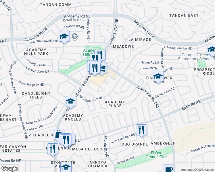 map of restaurants, bars, coffee shops, grocery stores, and more near 5800 Eubank Boulevard Northeast in Albuquerque