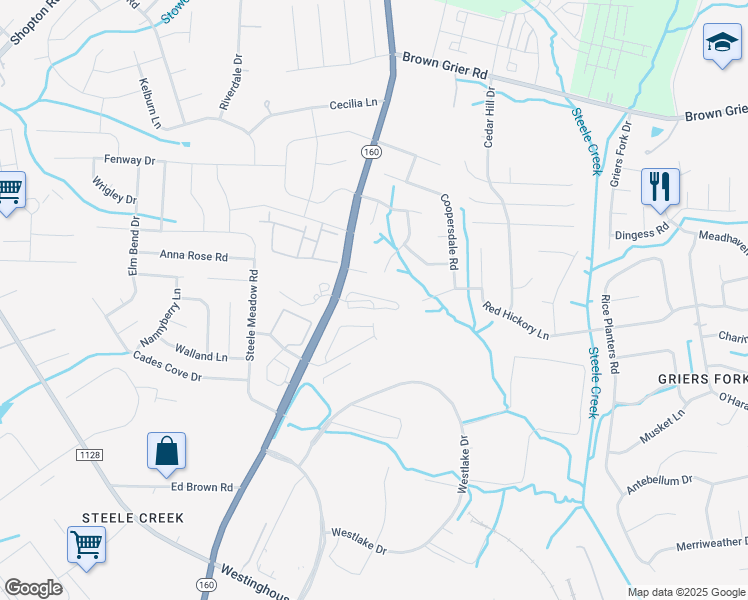 map of restaurants, bars, coffee shops, grocery stores, and more near 4241 Branch Bend Lane in Charlotte