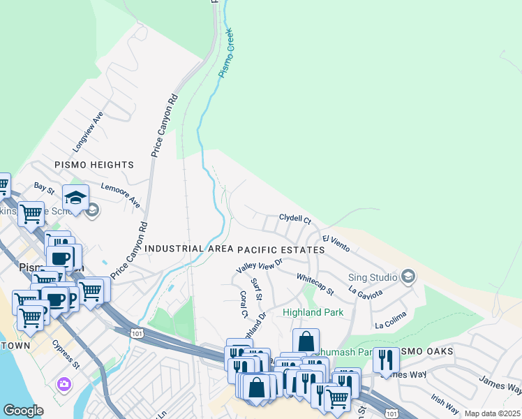 map of restaurants, bars, coffee shops, grocery stores, and more near 162 Clydell Court in Pismo Beach