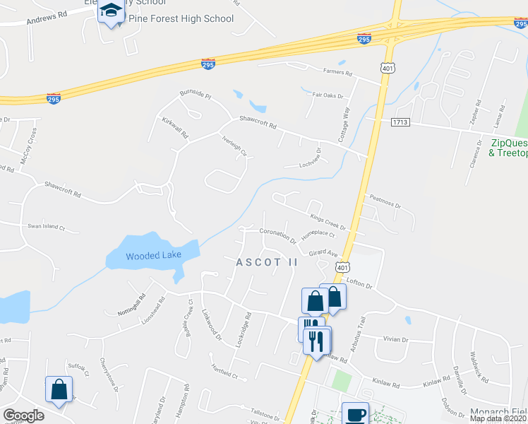 map of restaurants, bars, coffee shops, grocery stores, and more near 5708 5 Sisters Court in Fayetteville