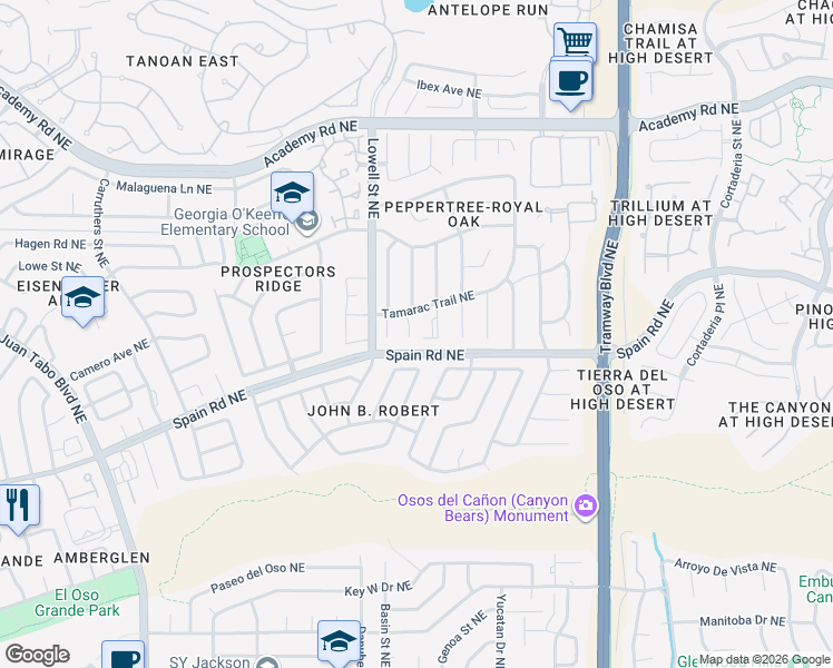 map of restaurants, bars, coffee shops, grocery stores, and more near 5701 Peppertree Place Northeast in Albuquerque