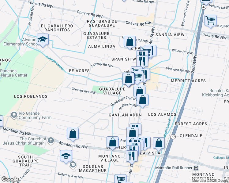 map of restaurants, bars, coffee shops, grocery stores, and more near 516 Grecian Avenue Northwest in Albuquerque
