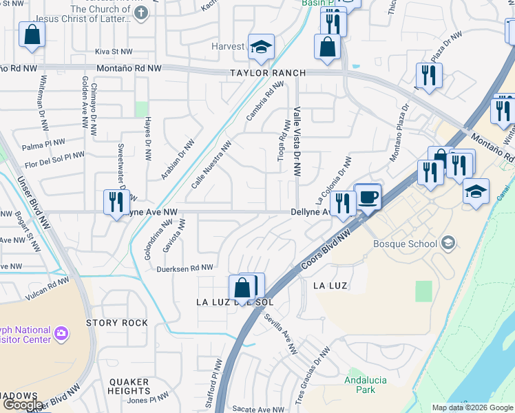 map of restaurants, bars, coffee shops, grocery stores, and more near 5168 Vista De Luz Drive Northwest in Albuquerque