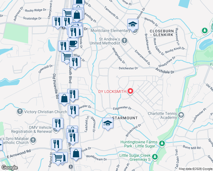 map of restaurants, bars, coffee shops, grocery stores, and more near 6400 Montpelier Road in Charlotte