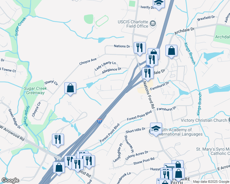 map of restaurants, bars, coffee shops, grocery stores, and more near 418 Granby Circle in Charlotte