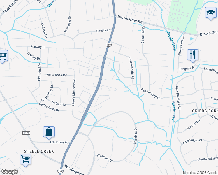map of restaurants, bars, coffee shops, grocery stores, and more near 4241 Branch Bend Lane in Charlotte