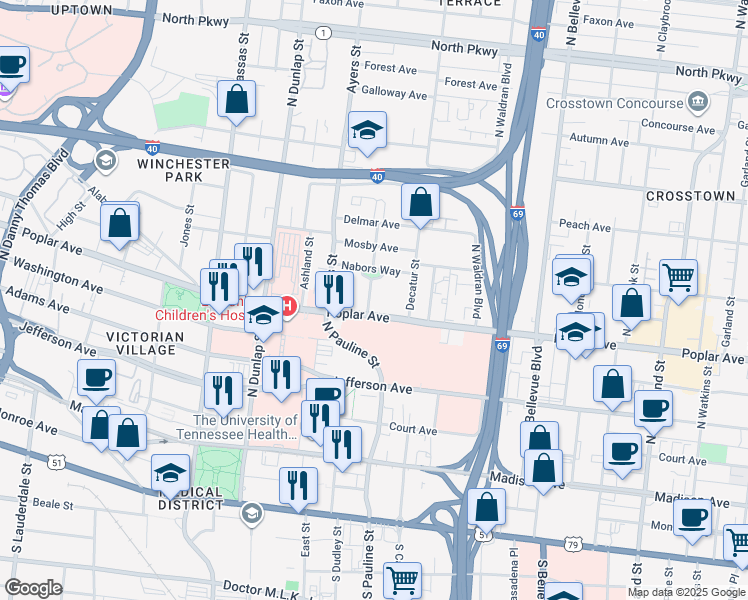 map of restaurants, bars, coffee shops, grocery stores, and more near in Memphis