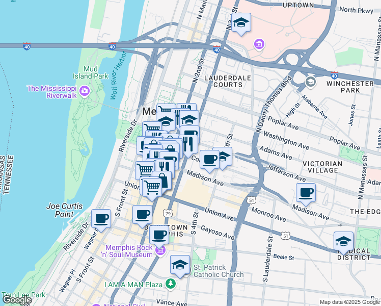 map of restaurants, bars, coffee shops, grocery stores, and more near 22 N 3rd St in Memphis