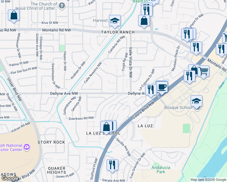 map of restaurants, bars, coffee shops, grocery stores, and more near 5168 Vista De Luz Drive Northwest in Albuquerque