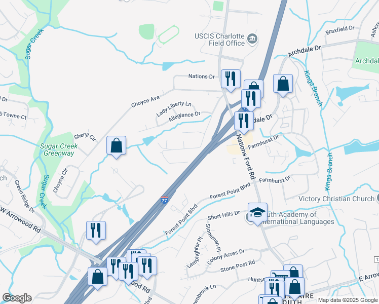 map of restaurants, bars, coffee shops, grocery stores, and more near 413 Greenwood Drive in Charlotte