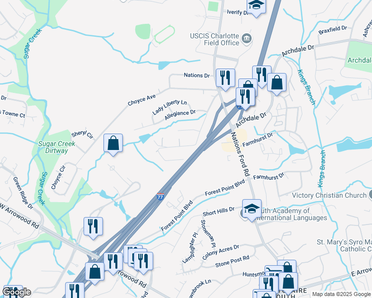 map of restaurants, bars, coffee shops, grocery stores, and more near 413 Greenwood Drive in Charlotte