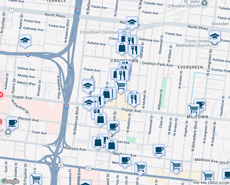 map of restaurants, bars, coffee shops, grocery stores, and more near 1366 Poplar Avenue in Memphis
