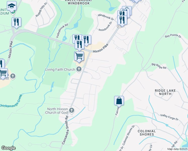 map of restaurants, bars, coffee shops, grocery stores, and more near 6191 Heritage Ridge Drive in Chattanooga